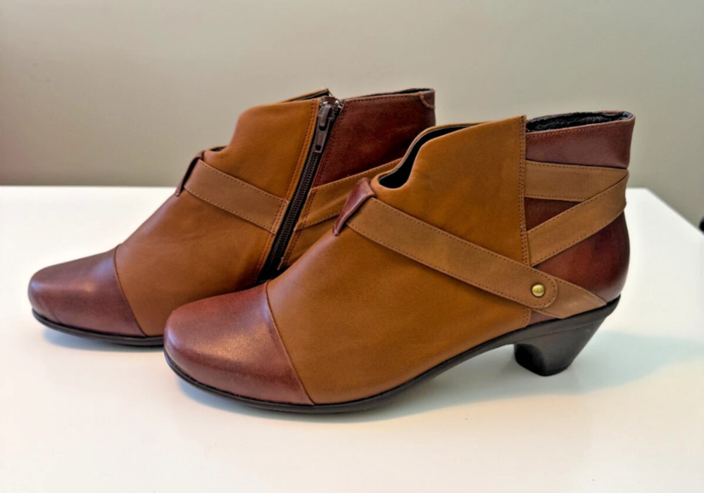 NAOT Modern Leather Ankle Boot  Brown Strappy Heel Side Zip Women's Sz 37 / 6.5